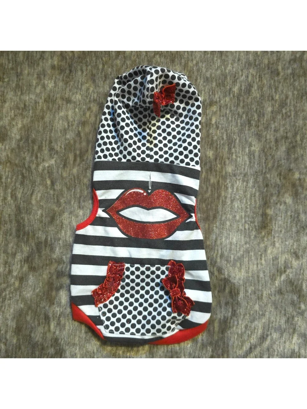 Black and White Striped Dog Hoodie with Red Glitter Lips and Polka Dot Accents